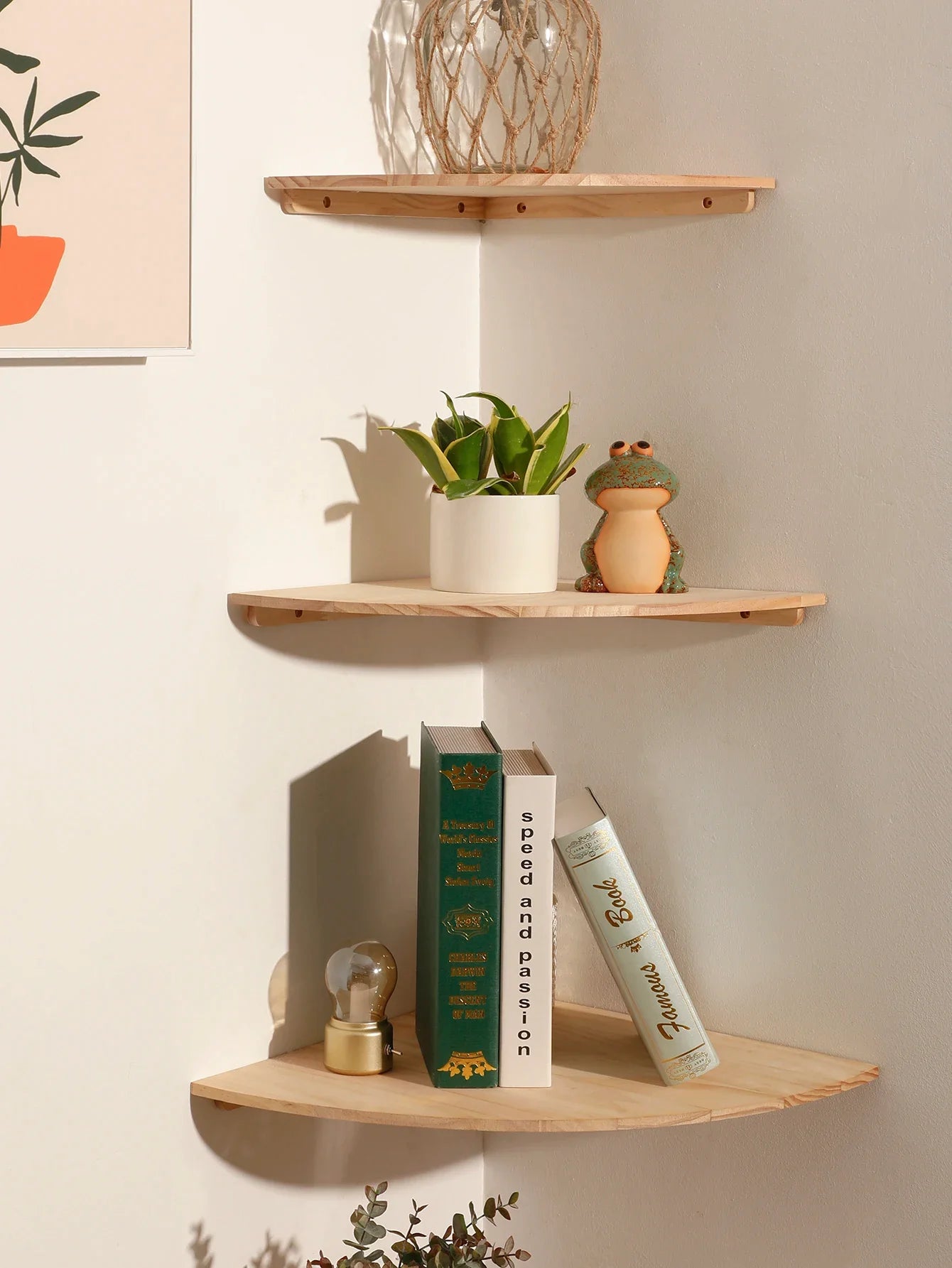 Burlywood Wood Floating Corner Shelf for Living Room
